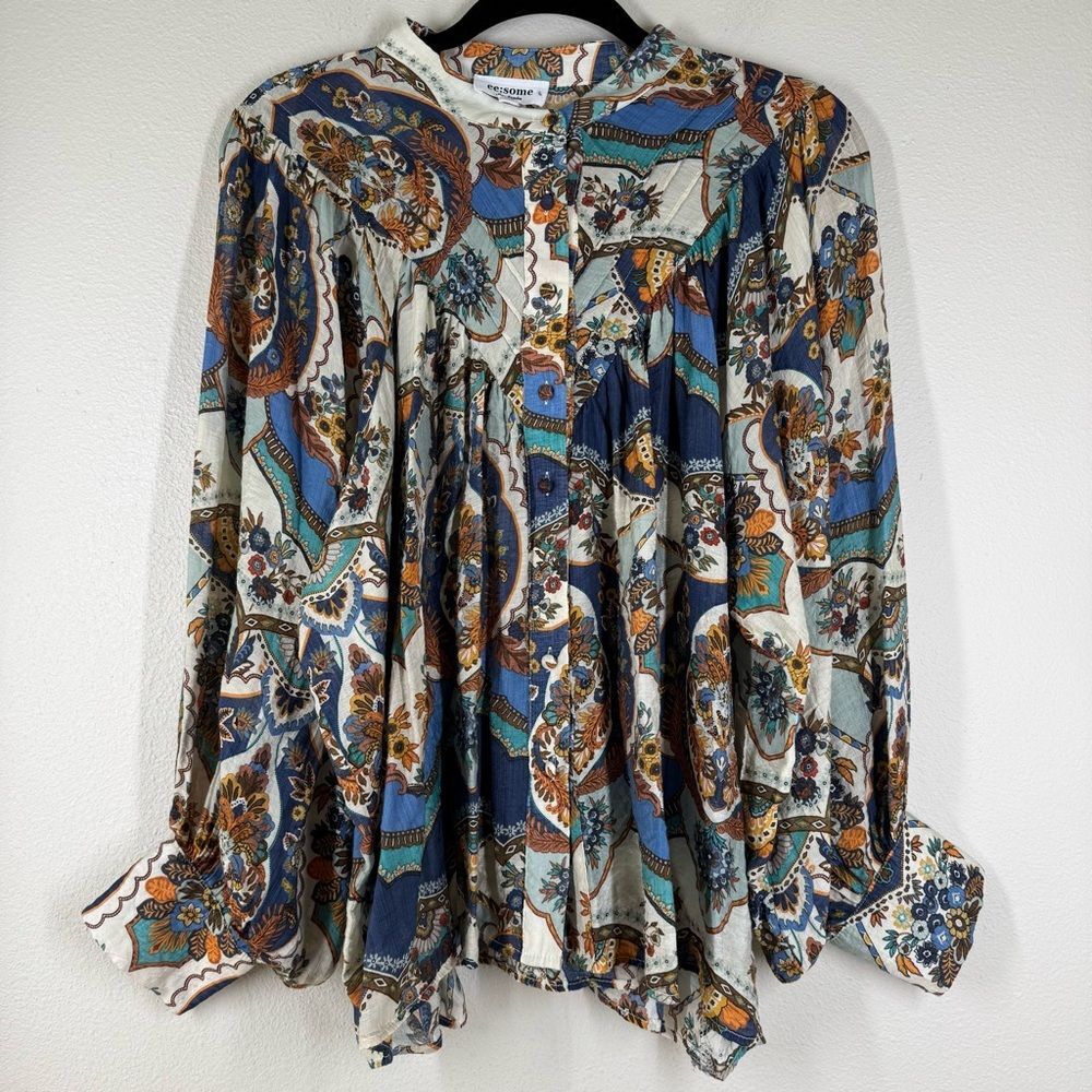 EE:Some Boho Vintage Floral Blouse Long Balloon Sleeves Patchwork Women’s Medium